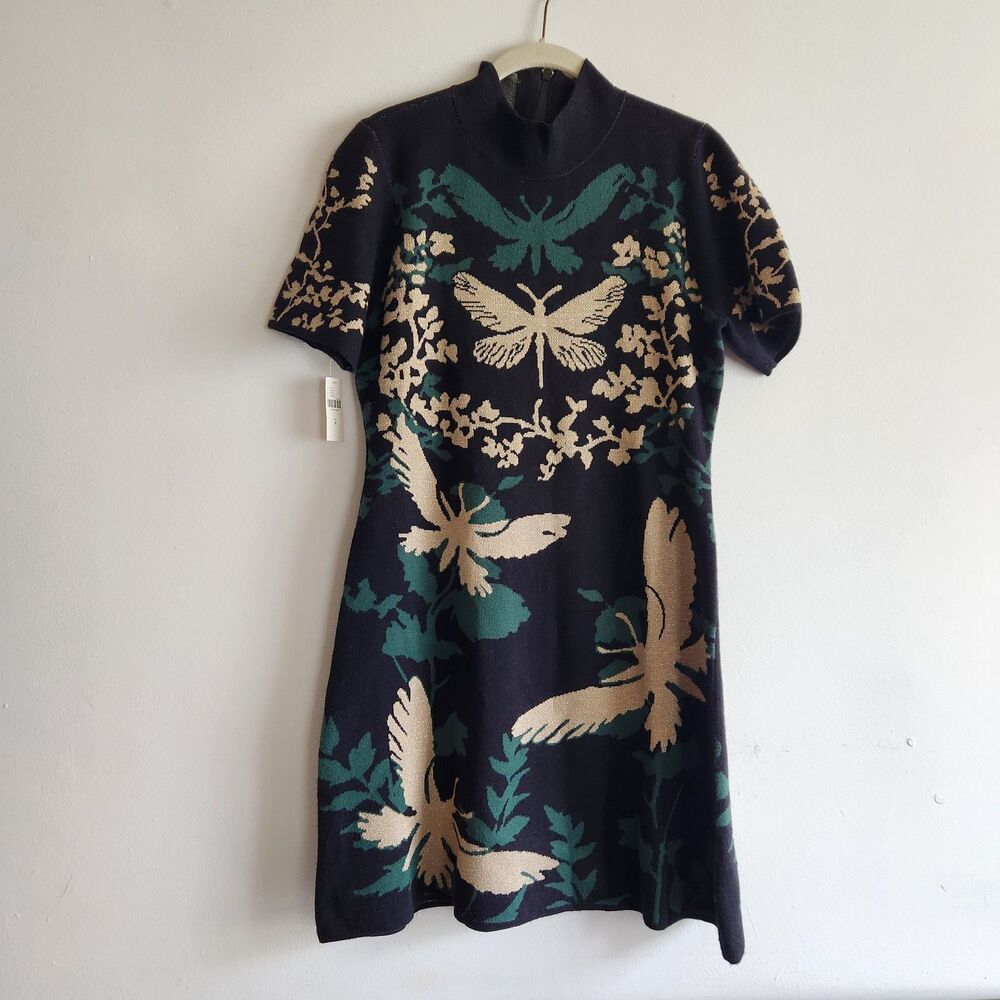 Anthropologie Nina Mock Neck Sweater Mini Dress Sz M butterfly print event NWT